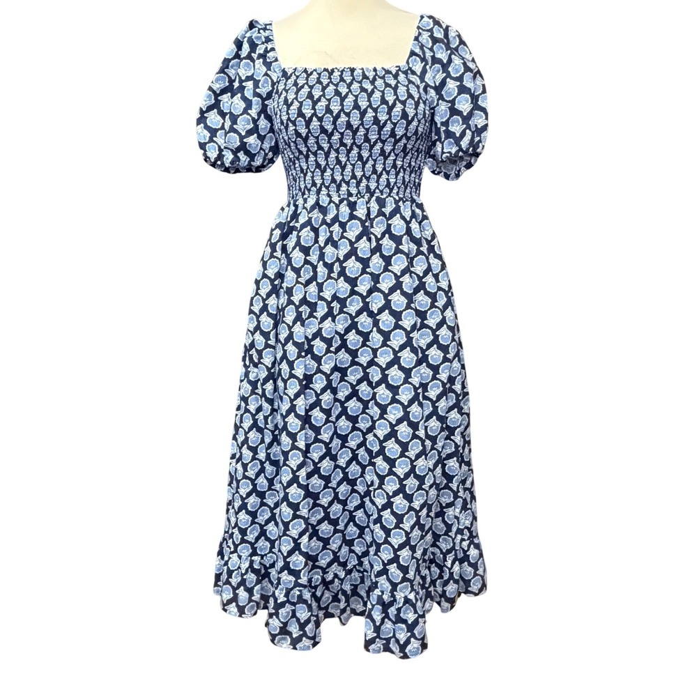 J Crew Smocked Midi Dress Women S Blue White Floral Puff Sleeves Cottage Boho